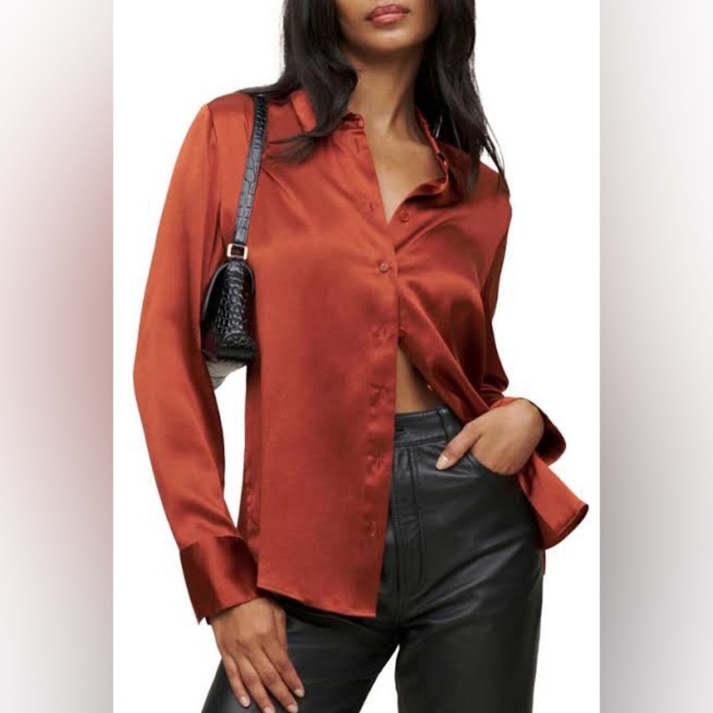 Reformation Satin Button-Up Blouse — Burnt Copper